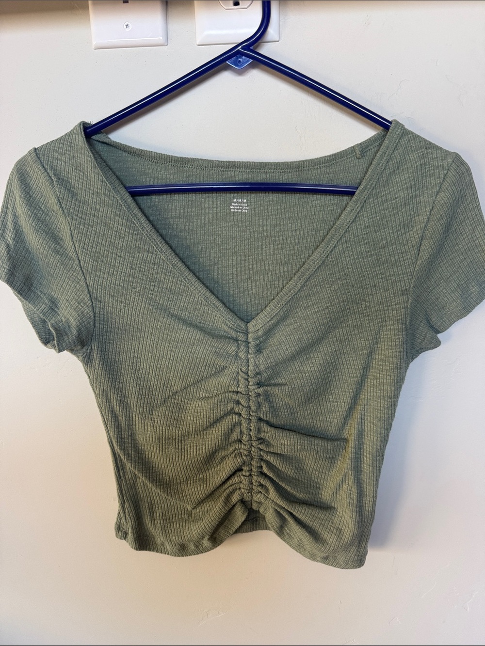 American Eagle Outfitters Sage Ribbed Ruched V-Neck Crop Top